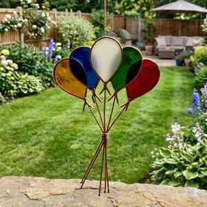 Vintage Stained Glass & Brass Balloon Bouquet Suncatcher